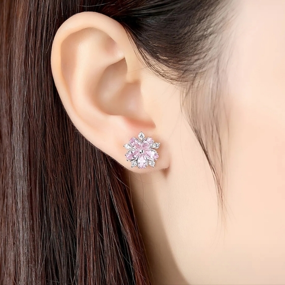 Cherry Blossom Stud Zircon Sterling Silver Plated Earrings - Picture 2 of 5
